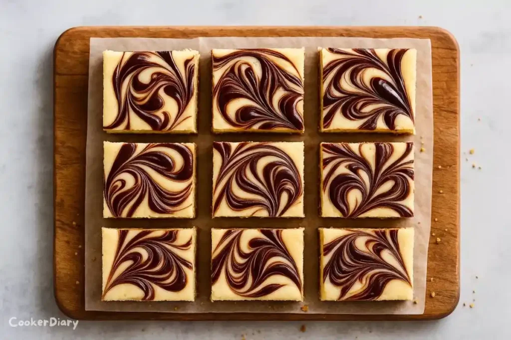 A tray of cheesecake bars with a rich chocolate swirl on top, cut into neat squares and served on a parchment-lined board.