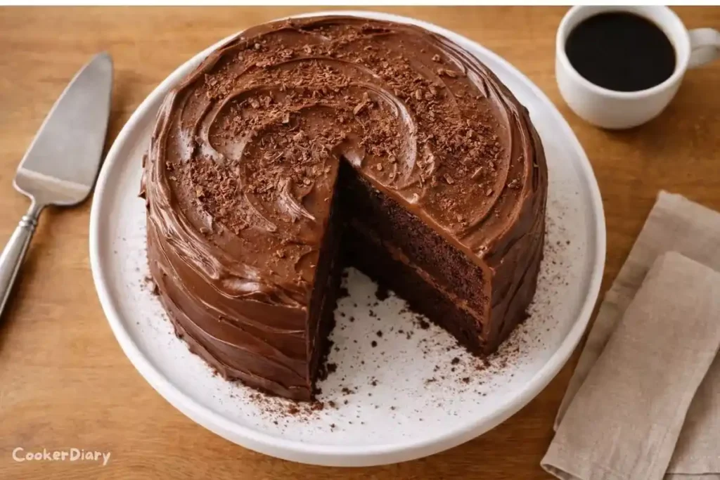 Top-down view of classic chocolate layer cake with rich chocolate frosting.
