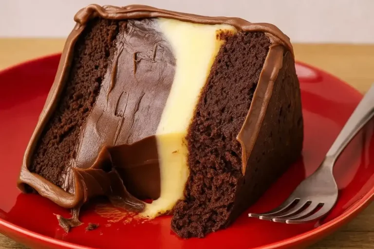 Slice of classic chocolate cake with rich chocolate frosting on a white plate