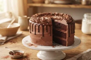 Classic Chocolate Cake with rich chocolate frosting on a cake stand