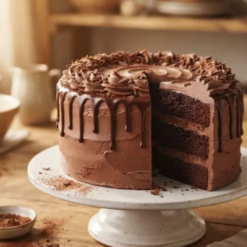 Classic Chocolate Cake with rich chocolate frosting on a cake stand
