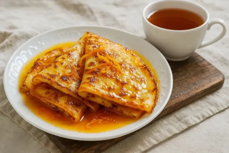 Crêpes Suzette served on a plate with orange sauce, accompanied by a cup of Earl Grey tea