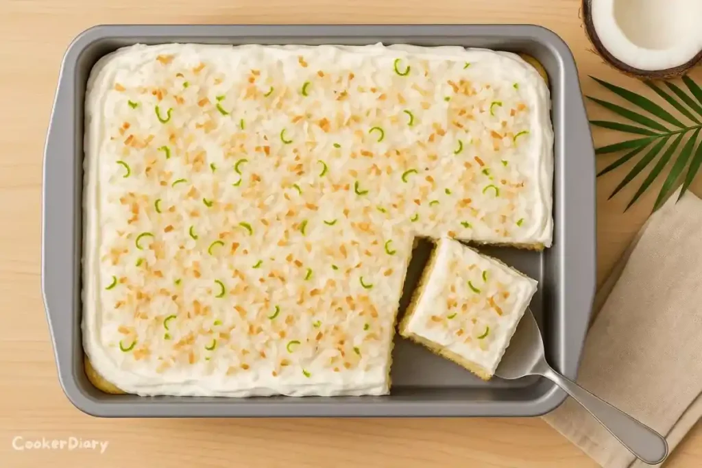 Top-down view of coconut poke cake with whipped topping, shredded coconut, and lime zest in white baking dish.