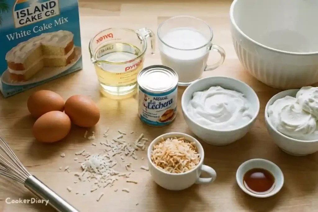 Flat-lay of ingredients for coconut poke cake on a wooden kitchen counter.