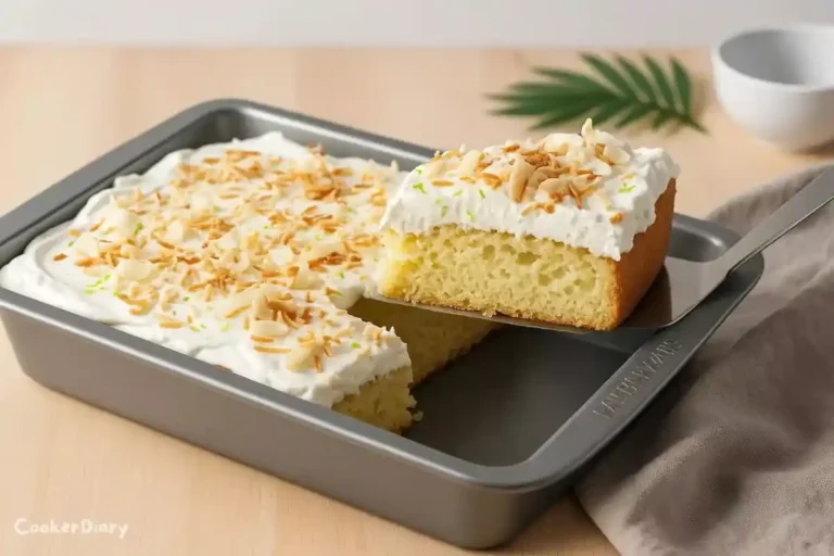 Angled close-up of coconut poke cake slice showing creamy coconut milk-soaked layers.