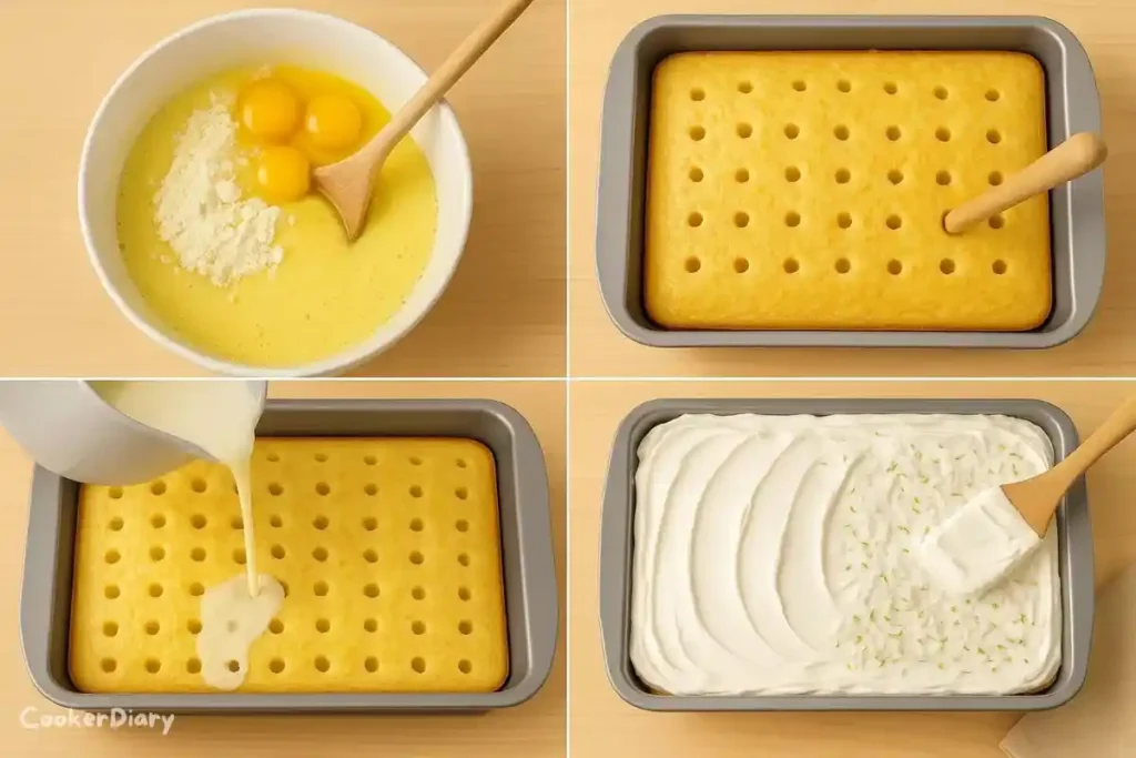 Four-step composite showing how to make the cake from mixing to topping.