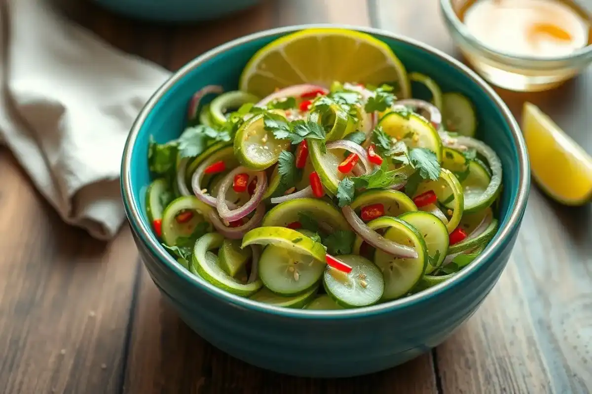 Top-down view of Copycat Bartaco Cucumber Salad with sliced cucumbers, red onions, cilantro, red chili, and lime vinaigrette in a turquoise bowl.
