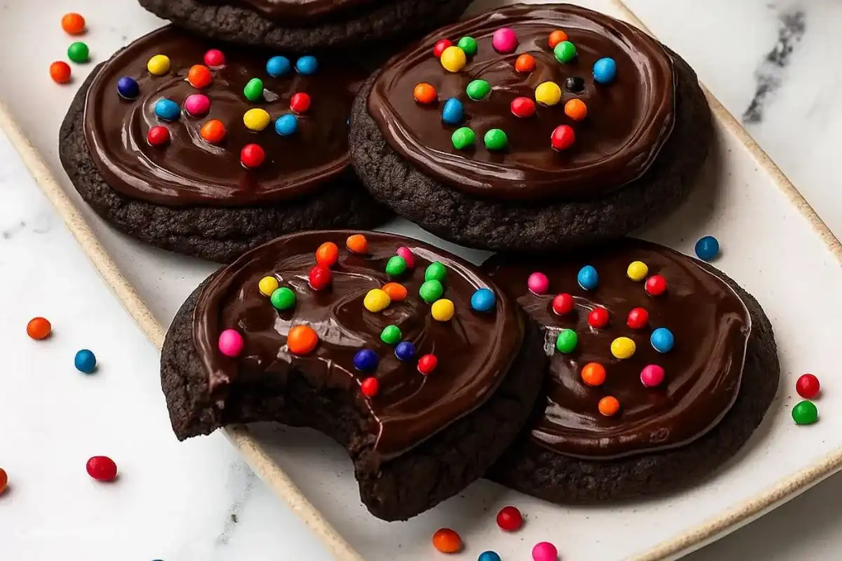 Cosmic brownie cookies with chocolate chunks and colorful candy-coated chocolate pieces