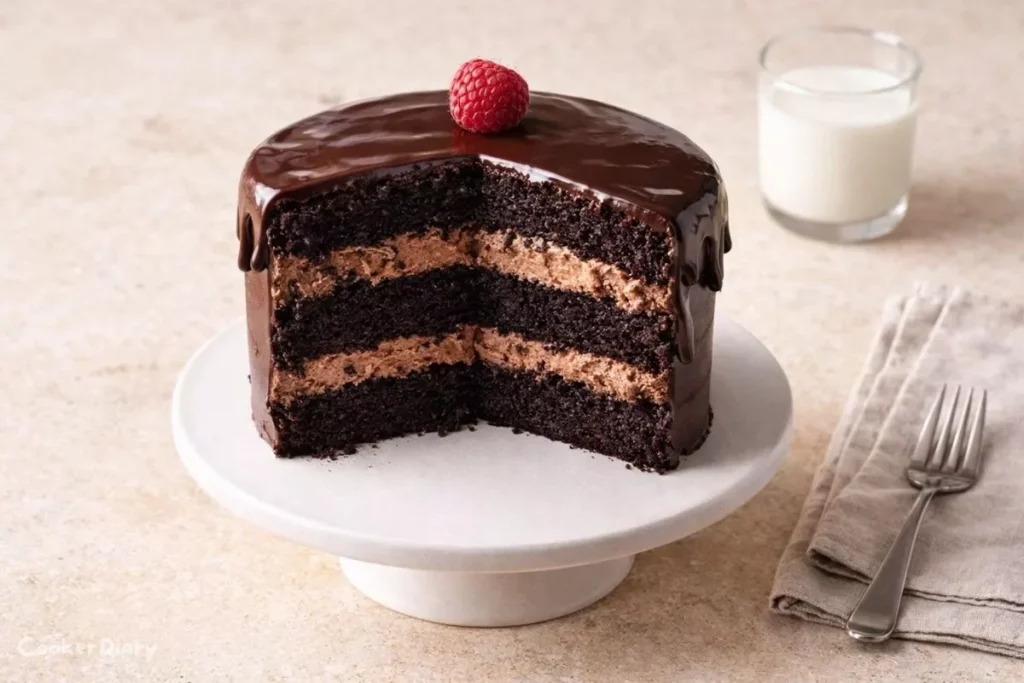 Dark chocolate mousse cake with sponge base and glossy ganache topping