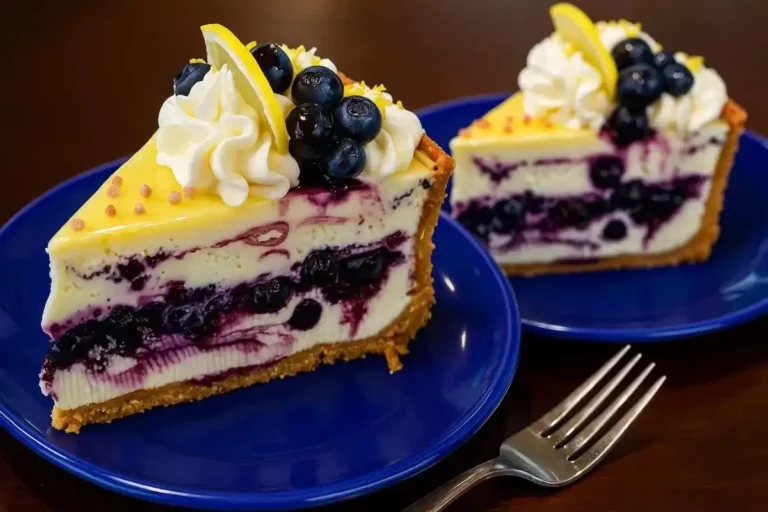 Lemon blueberry cheesecake slice on a blue dish with a fork ready to eat