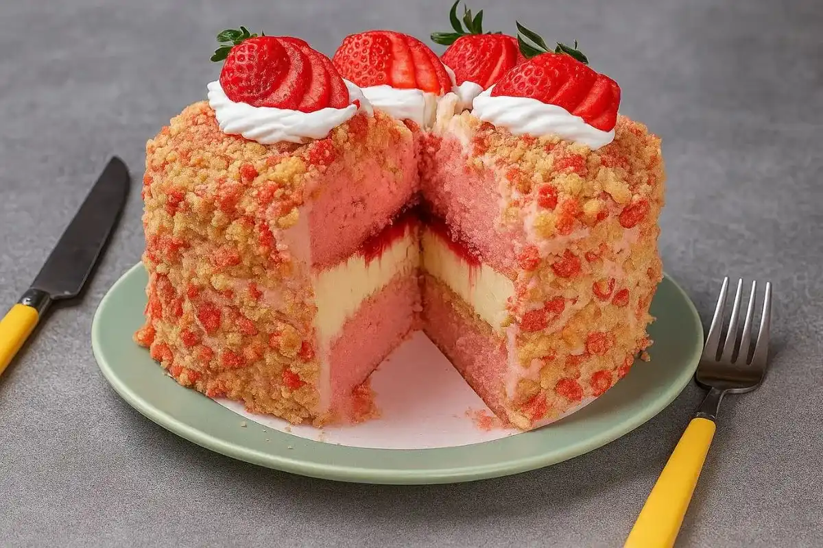Easy homemade strawberry shortcake with fresh strawberries, whipped cream, and golden biscuit