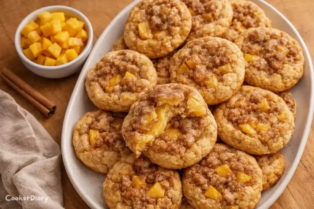 Top-down view of peach cobbler cookies with peach chunks on white platter