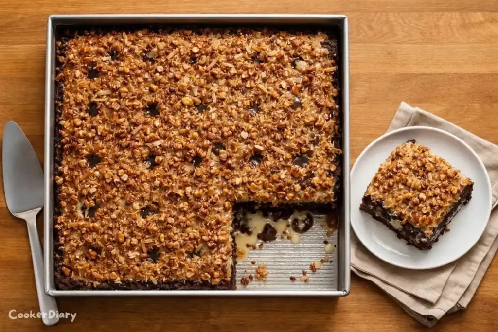 Top-down German chocolate poke cake in USA Pan with coconut pecan topping