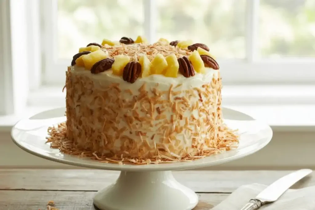 Top-down view of a moist Hawaiian Wedding Cake with creamy frosting, shredded coconut, and chopped pecans on a white cake stand.