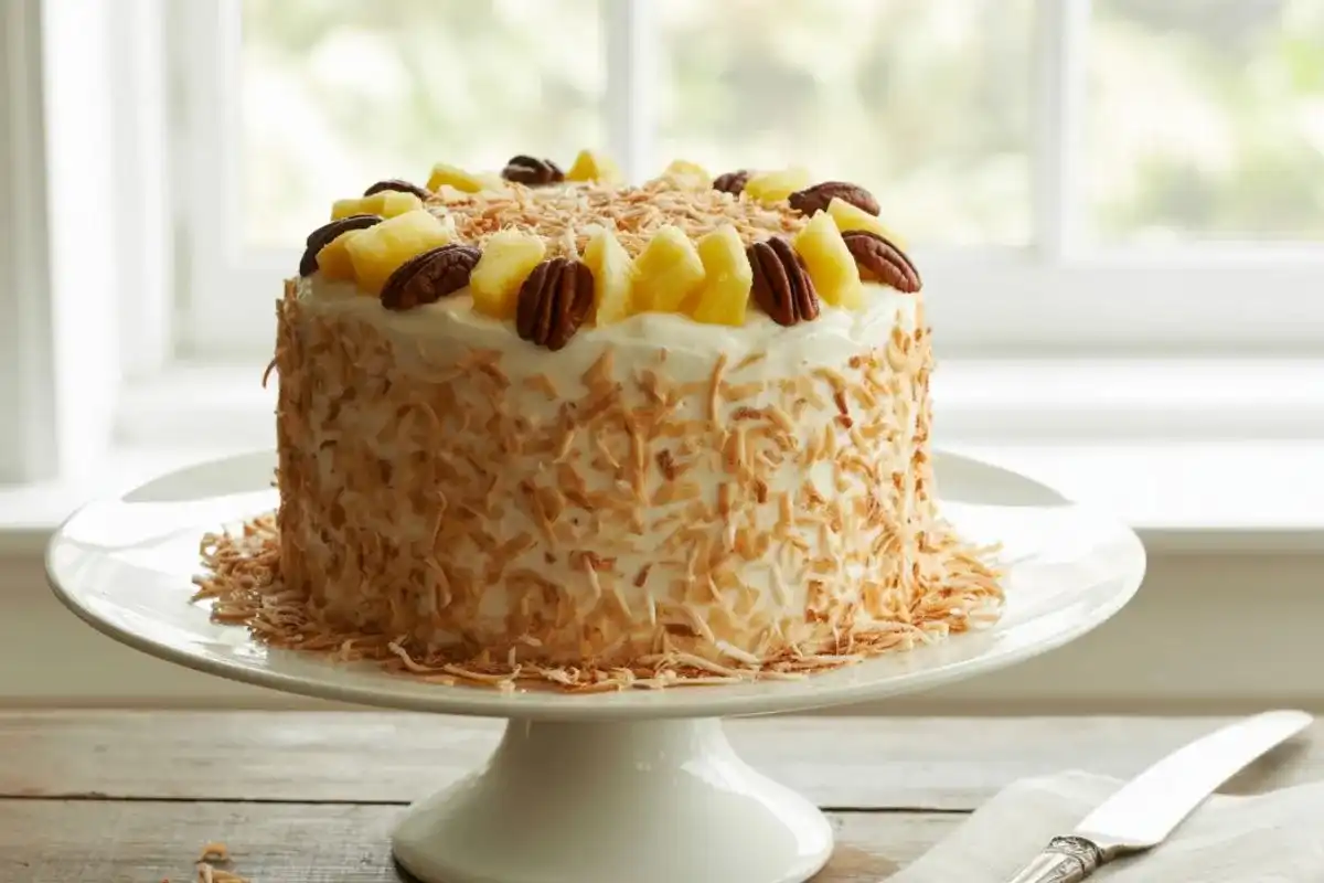 Top-down view of a moist Hawaiian Wedding Cake with creamy frosting, shredded coconut, and chopped pecans on a white cake stand.