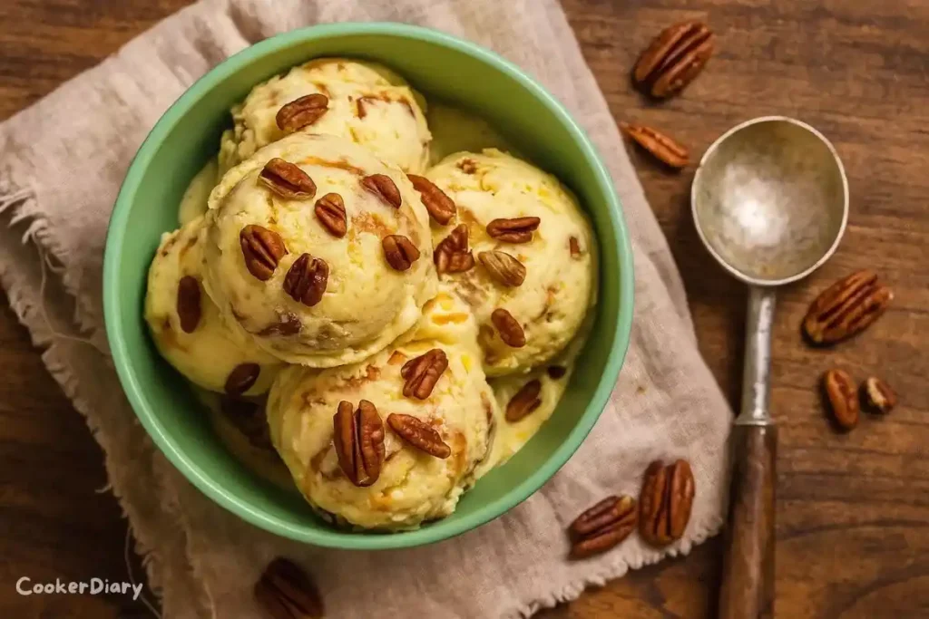 A bowl of homemade butter pecan ice cream topped with toasted pecans and caramel drizzle.