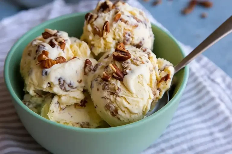 Bowl of homemade butter pecan ice cream garnished with chopped pecans