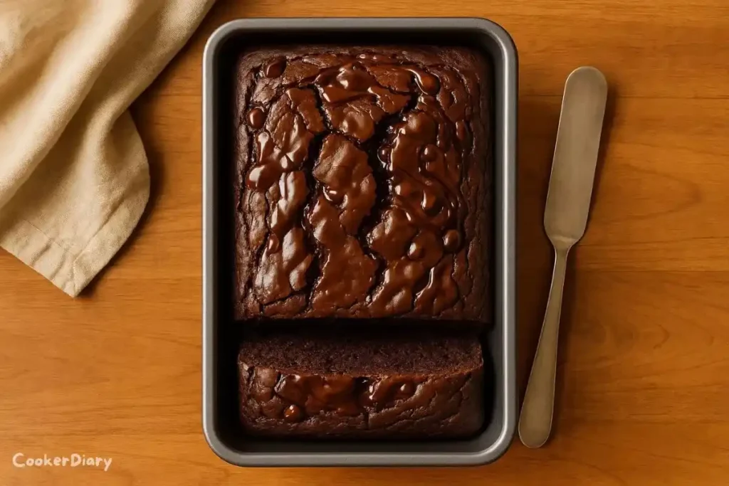 Top-down view of hot fudge brownie bread in a white loaf pan, sliced to show fudgy interior.