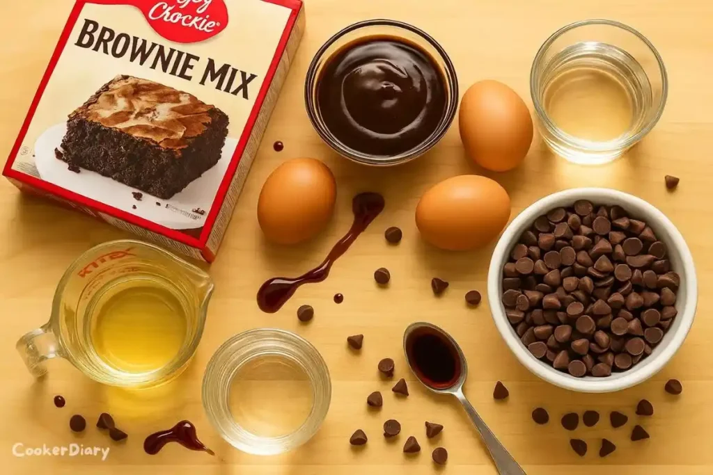 Flat-lay of ingredients for hot fudge brownie bread on a wooden surface.