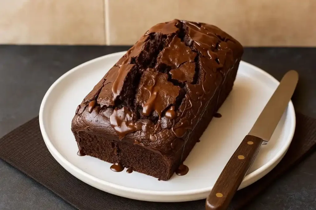 Slice of hot fudge brownie bread with rich chocolate fudge sauce dripping over
