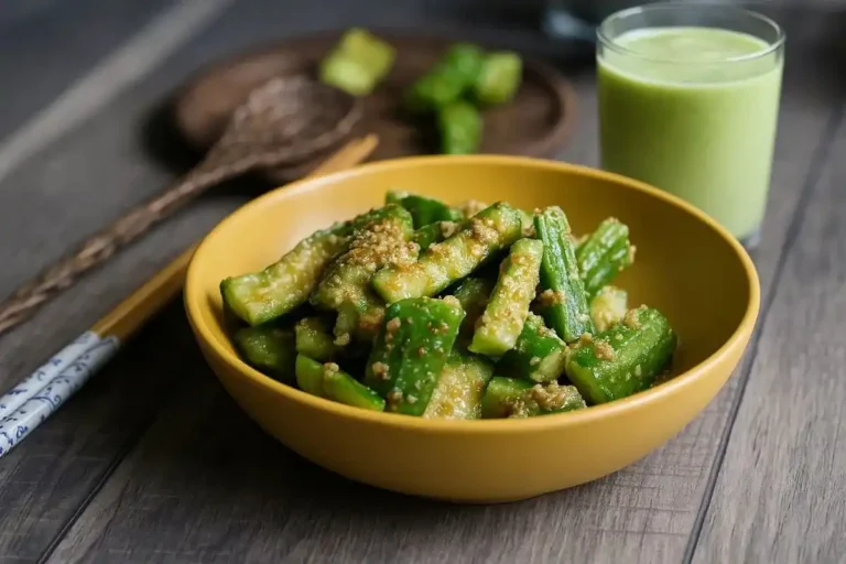 Top-down view of Japanese cucumber salad in a ceramic bowl with chili flakes and dressing on a wooden mat.