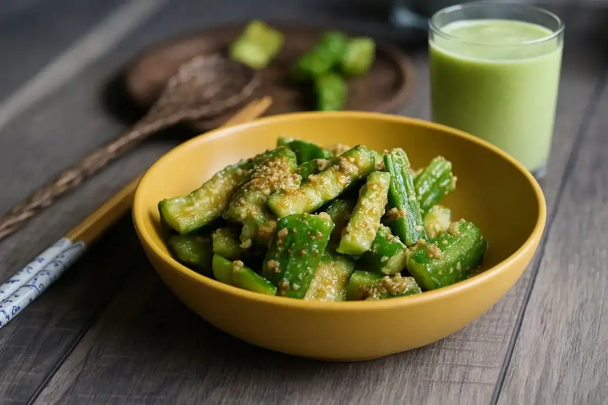 Top-down view of Japanese cucumber salad in a ceramic bowl with chili flakes and dressing on a wooden mat.