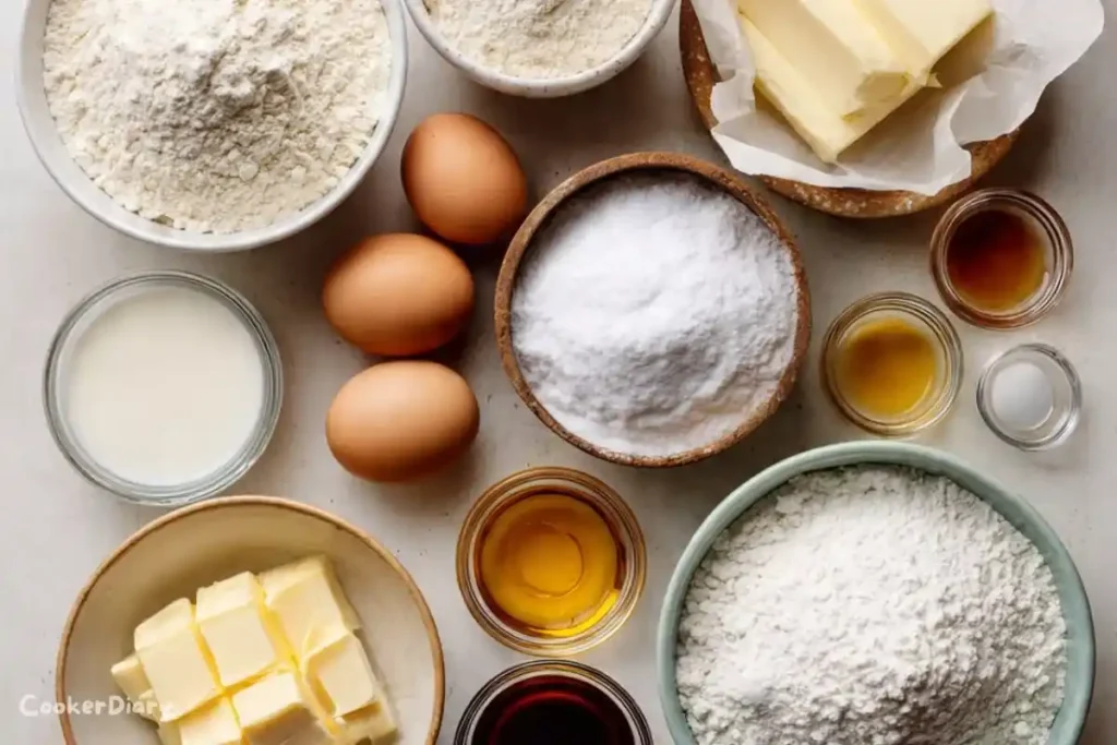 Flat-lay of Italian wedding cake ingredients on wooden countertop.