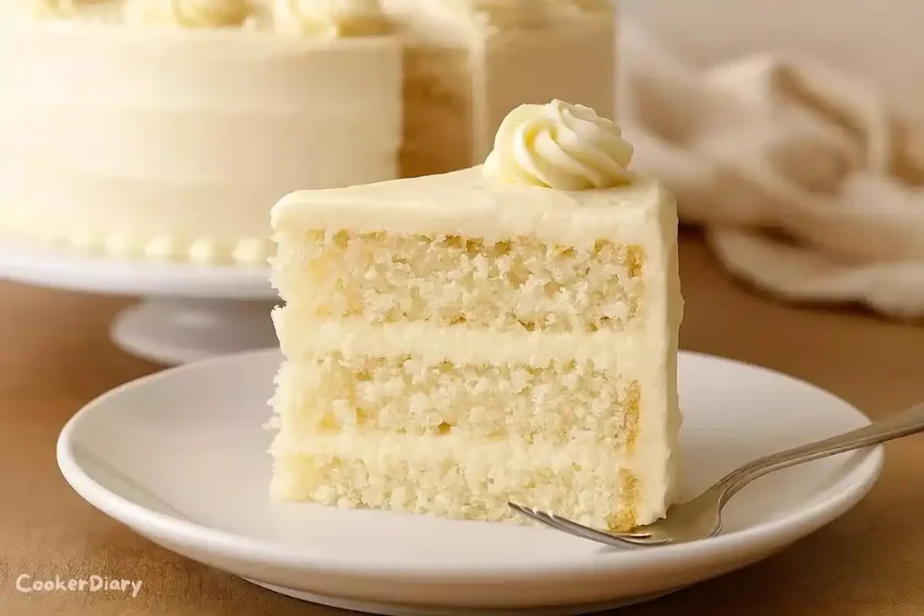 Side-angle close-up of Italian wedding cake slice with cream cheese frosting.