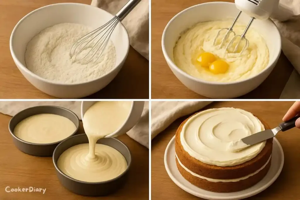 Four-step visual of making the recipe from mixing to frosting.
