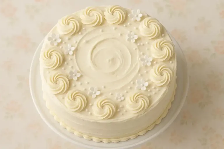 Top-down view of an Italian Wedding Cake with smooth cream cheese frosting and white sugar flowers on a cake stand.