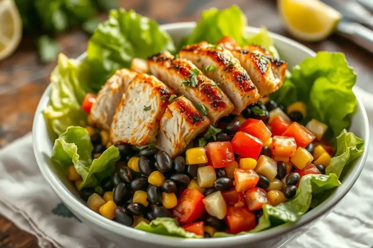Side view of Southwest Chicken Salad showing layers of grilled chicken, avocado, corn, black beans, and lime dressing in a white bowl.