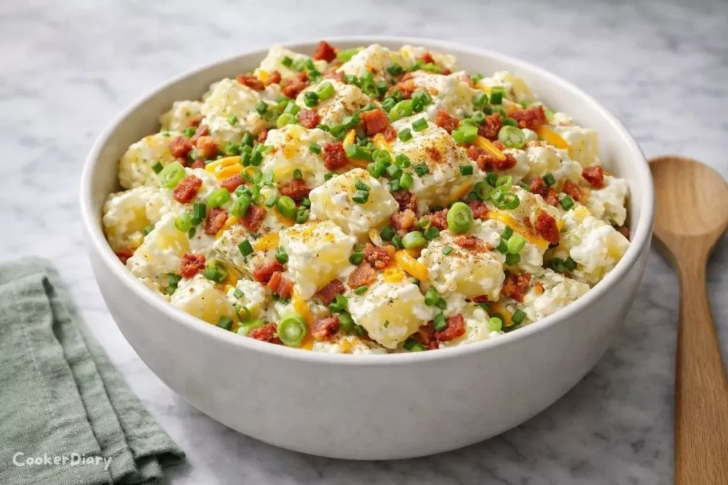 Side angle view of creamy loaded potato salad