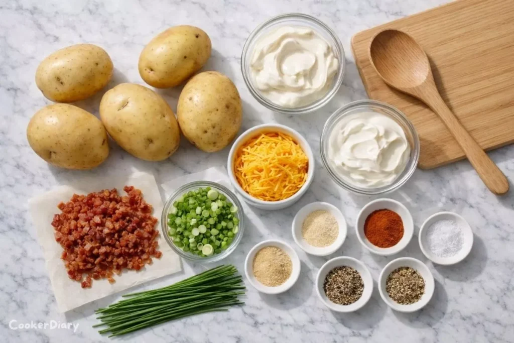 Raw ingredients for loaded potato salad flat lay