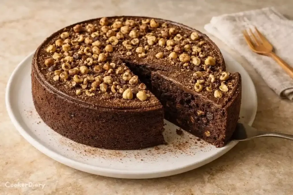 Low-Sugar Chocolate Hazelnut Cake sliced on white ceramic plate