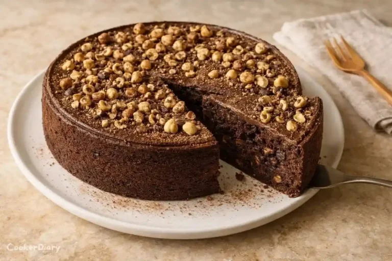 Low-Sugar Chocolate Hazelnut Cake sliced on white ceramic plate