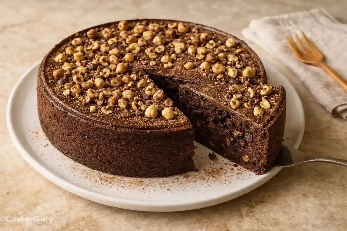 Low-Sugar Chocolate Hazelnut Cake sliced on white ceramic plate