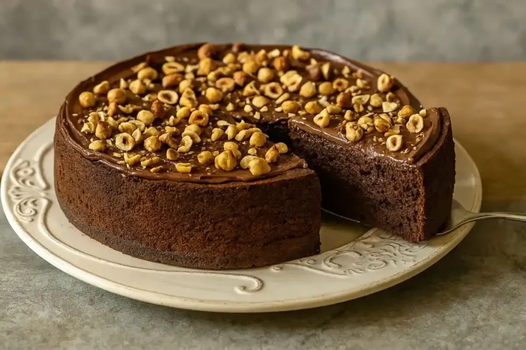 Low-sugar chocolate hazelnut cake slice topped with chopped hazelnuts and dark chocolate drizzle