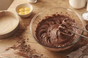Whipping chocolate buttercream frosting in a bowl