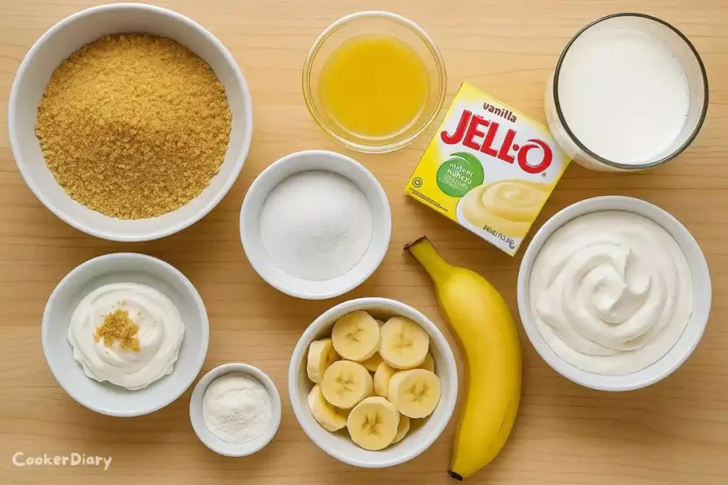 Flat-lay photo of ingredients for mini banana cream pies on wooden counter.