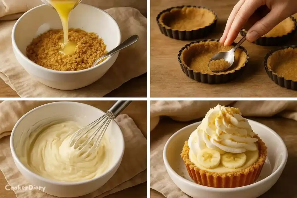 Four-step composite showing how to make cream pies.