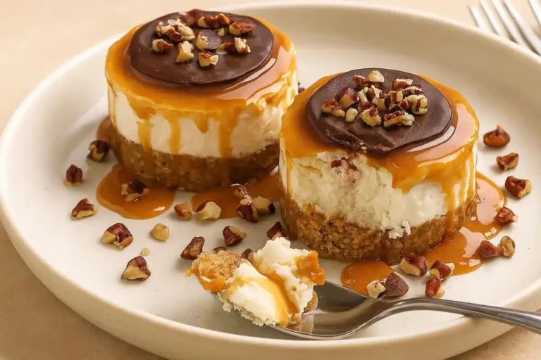 Mini turtle cheesecakes topped with caramel, chocolate drizzle, and chopped pecans