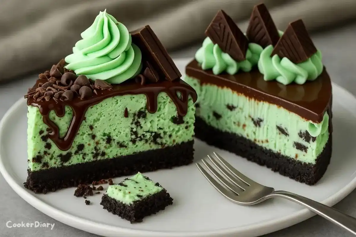 Slice of mint chocolate cheesecake topped with chocolate shavings