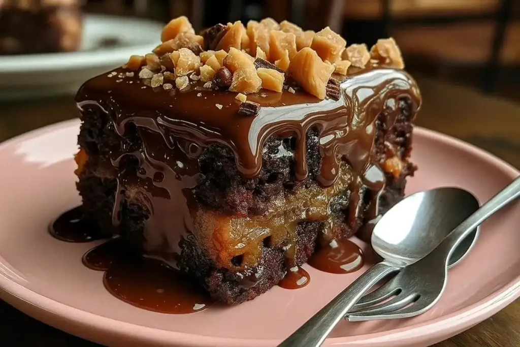 Slice of German chocolate poke cake with coconut-pecan frosting and chocolate drizzle