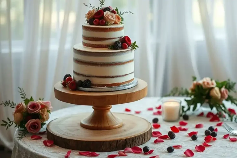 Rustic naked wedding cake with fresh flowers and minimal frosting on wooden cake stand