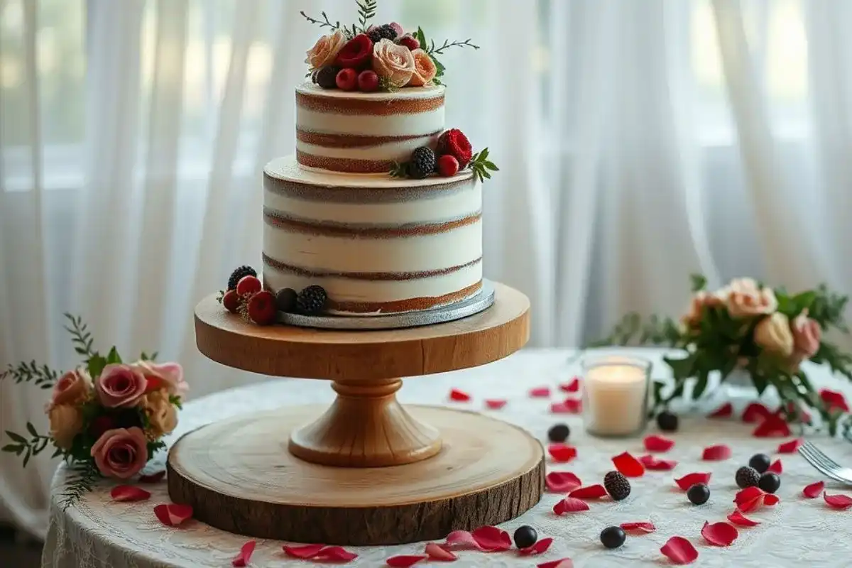 Rustic naked wedding cake with fresh flowers and minimal frosting on wooden cake stand