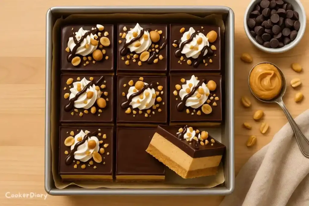 Top-down view of layered no-bake buckeye cheesecake bars in a baking pan.
