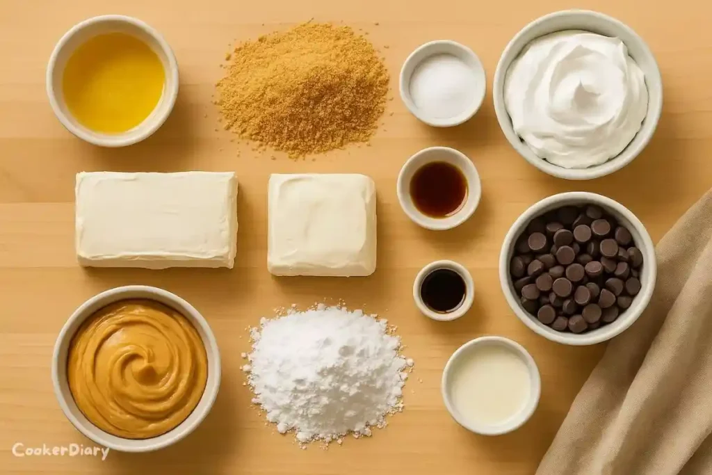Flat-lay of ingredients for buckeye cheesecake bars on wooden counter.