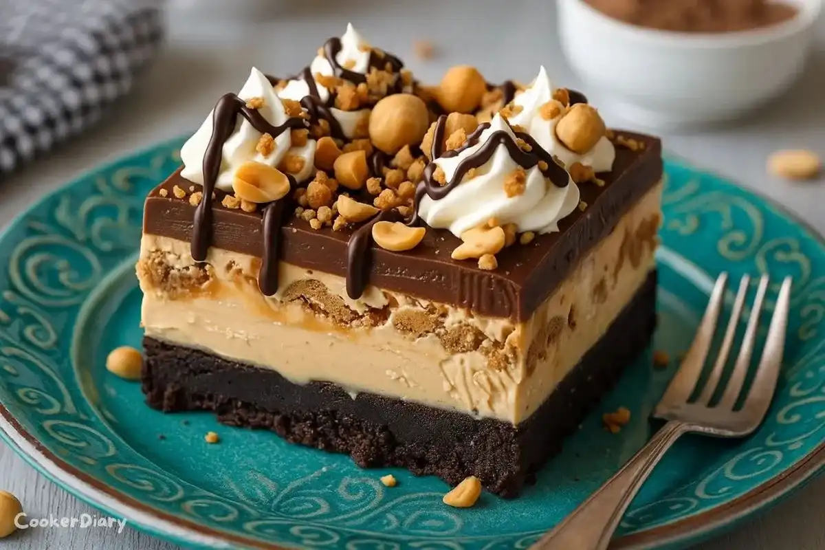 No-bake buckeye cheesecake bars with chocolate and peanut butter layers