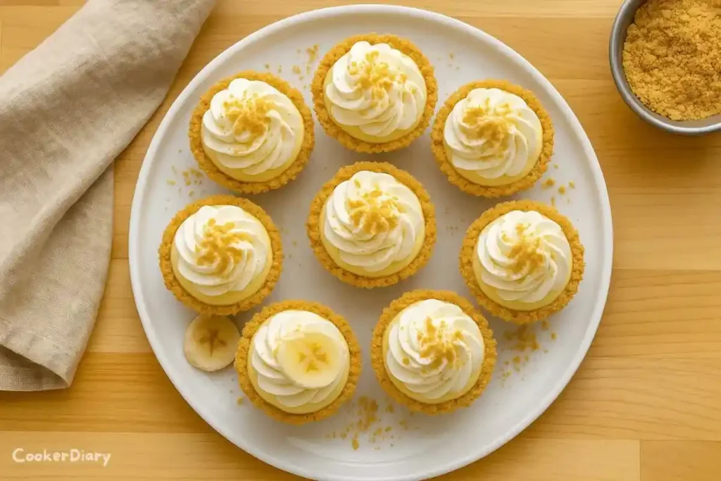 Top-down view of no bake mini banana cream pies on a white serving platter.