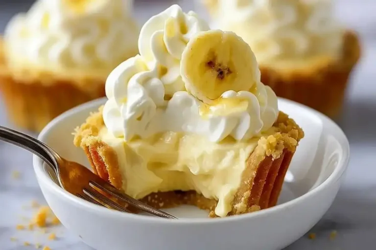 No bake mini banana cream pies in individual crusts topped with whipped cream and banana slices